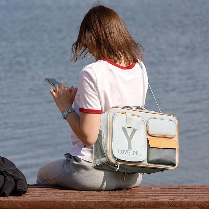 Dog Backpack, Pet Backpack with Upgrade Waist Cushion Design to Better Fit The Waist, Ventilated Soft Cat Backpack for Travel, Hiking, Camping(Gray)