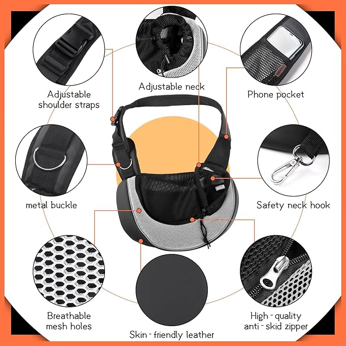 YUDODO Pet Sling Carrier for Small Dogs & Cats – Hands-Free Puppy Carrier with Safety Hook, Large Zipper Pocket, Soft Breathable Mesh, Adjustable Strap & Reflective Strip (Gray 3.0 M)