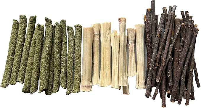 Bamboo Apple Sticks for Chinchillas Hamster Mouse Gerbil Bunny Pet Rat Guinea Pig Rabbit Chew Wood Timothy Hay Sticks Enrichment Toys for Teeth Supply Treats Snacks for Boredom Indoor