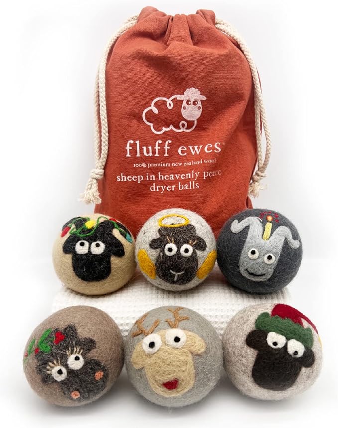 Fluff Ewes Wool Dryer Balls 6 Pack Premium New Zealand Wool Laundry Balls for Dryer, No Static Dryer Balls Laundry Reusable, XL Christmas Dryer Balls, Holiday Dryer Balls - Sheep in Heavenly Peace