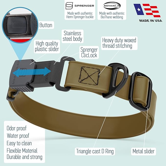 Dogline Biothane Waterproof Dog Collar with Herm Sprenger Stainless Steel Quick Release Buckle – Heavy Duty Tactical Durable Collar for Dogs – Comfortable and Safe Pet Collar, W 1" L 15-25", Brown
