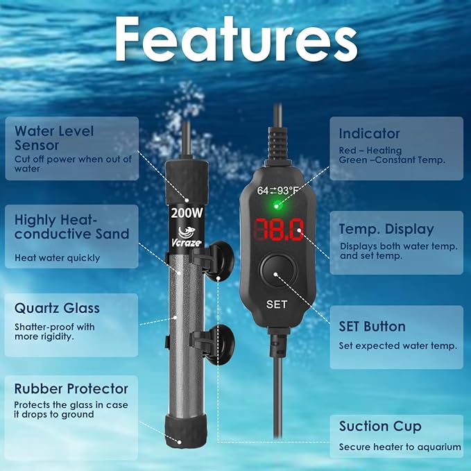 Super Compact 200W Fish Tank Heater, Submersible Aquarium Heater with LED Digital Display Thermostat, Adjustable Fish Heater for 20-40 Gallon Tanks