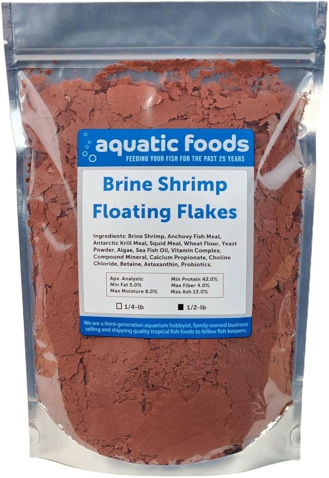 Aquatic Foods Inc. Brine Shrimp Flakes for Freshwater Cichlids, Angels, Tetras, Guppies, Marine Tangs, Butterflies, Angelfish, Anthias, Clown Fish. WL…1/2-lb Foil Pouch Bag