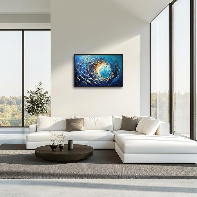 Extra Large Framed Abstract Ocean Fish Wall Art,Oversized Blue Sea Nautical Fish Wall Decor Pictures for Living Room,Canvas Print Painting Modern Artwork Bedroom Office Bathroom Home Decor 36L x24W