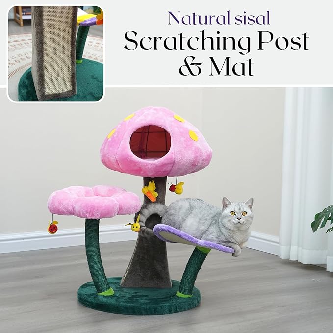 Catry® Wonderland 3-Level 31" Cat Tree with Mushroom Condo, Flower Perch, Sisal Scratching Pad, Parts Replaceable, Garden Style with Bee Toys. Multi- Color