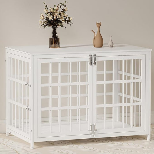 38 Inch Heavy Duty Wooden Dog Kennel End Table with Double Door Design and Secure Locks, Indoor Pet Crate Furniture for Medium Dogs, Decorative Home Cage Design,White