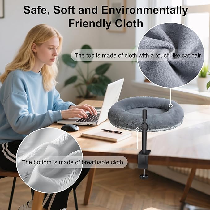 Cat Desk Bed with Summer Colling Mat, 360° Rotating & Height Adjustable Indoor Cat Nest, Large Desktop Cats Perch for Home Offcice Space Saving, Supports Up to 40 lbs, Machine Washable Removable Cover