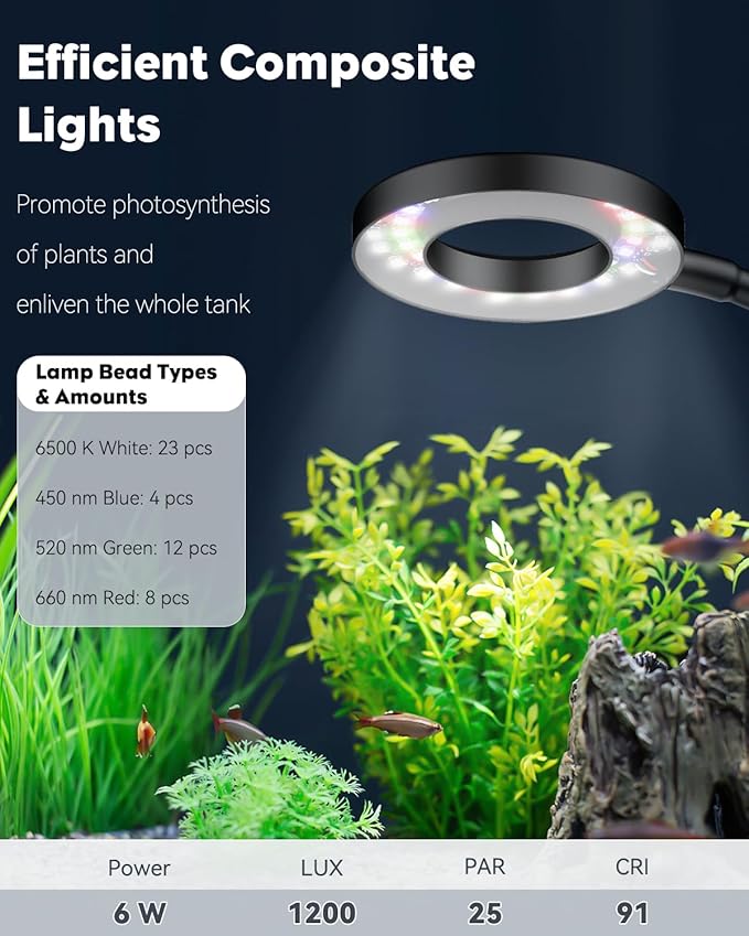 Pawfly 6 W LED Aquarium Light for 1 to 5 Gallon Fish Tanks Clip On Fish Tank Light USB Moving Aquarium Lamp with Full Spectrum Dimmable White Blue Red Green Lights with Timer (Adapter Not Included)