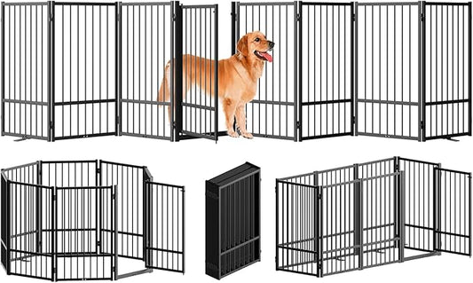 Full Metal Freestanding Dog Gate with Door, 32''Height Foldable Pet Dog Fence for Indoor & Outdoor, 8 Panels Extra Wide Free Standing TallDog Gates for Doorways,House,Stairs,Porch,Deck,Yard