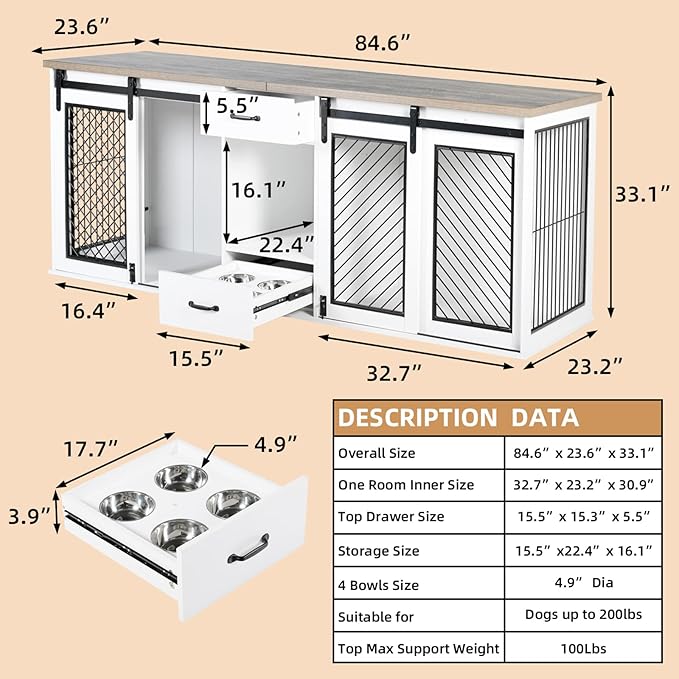 Extra Large Dog Crate Furniture, 85" Sliding Door Double Kennel for 2 Large Dogs Divided, Heavy Duty Wooden Dog Crate Kennel Furniture with 4 Dog Bowls and Drawer Indoor, White