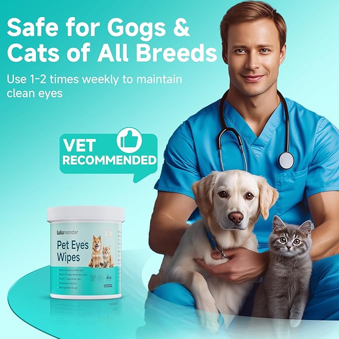 Pet Eyes Wipes for Dogs & Cats, Gentle Remove Tear Stain, Eye Debris, Discharge, Mucus Secretions Grooming Deodorizing Wipes, Non-irritating Ingredients with Aloe & Coconut Oil -150pcs