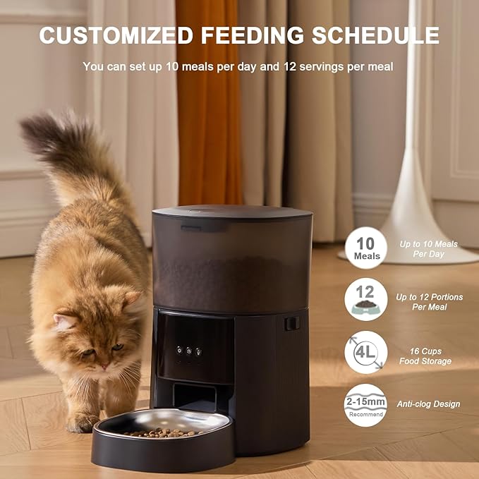 Automatic Cat Feeder WiFi with App Control, Voice Recorder, 4L Dry Pet Food Dispenser for Cats & Dogs with Freshness Preservation, Custom Feeding Times & Portions, Dual Power