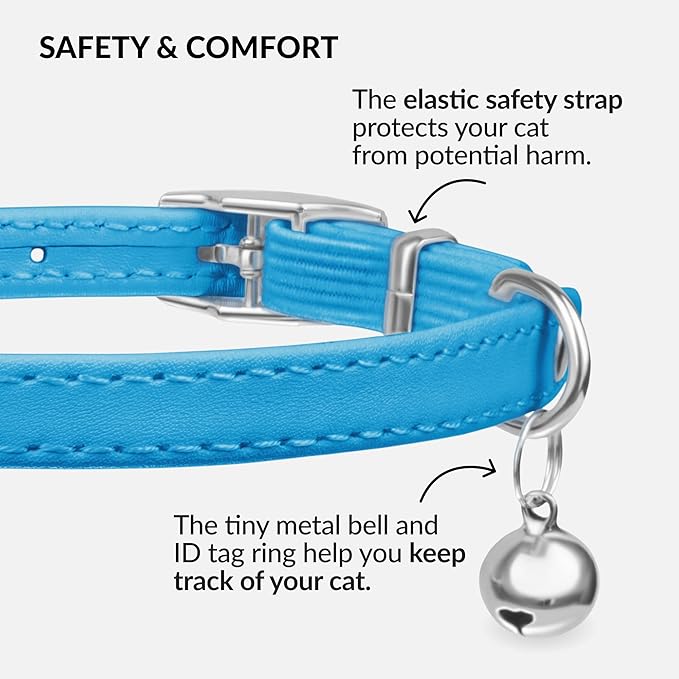 CollarDirect Leather Cat Collar with Bell - Kitten Collar, Small and Big Cat for Boy Cats, Girl Cats with Safety Elastic Strap (Neck Fit 6"-7", Light Blue)