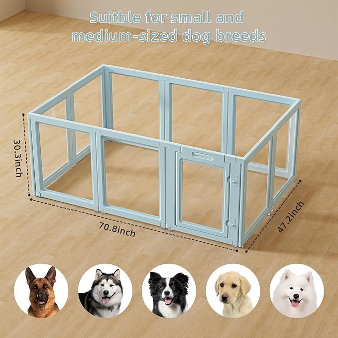 DIY Clear Acrylic Dog Playpen House,Quick Easy Assembly and Disassembly,Strong Floor Suction,Indoor and Outdoor Use,Easy Cleansing Puppy Fence (Sky Blue, 30.3" H, 10PCS)
