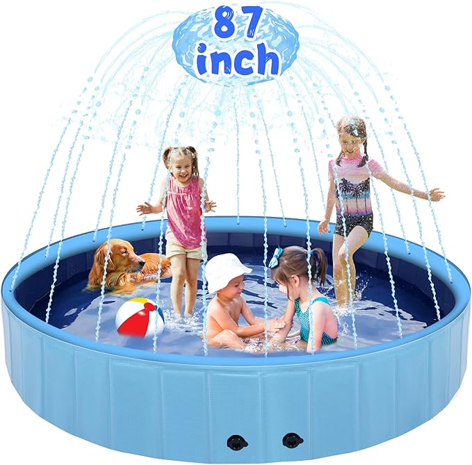 87" Large Dog Pool with Sprinkler, 2-in-1 Foldable Swimming Pool Non-Slip Hard Plastic Splash Sprinkler Kiddie Pool for Outdoor Backyard Kids Dogs Ducks and Pet Baths