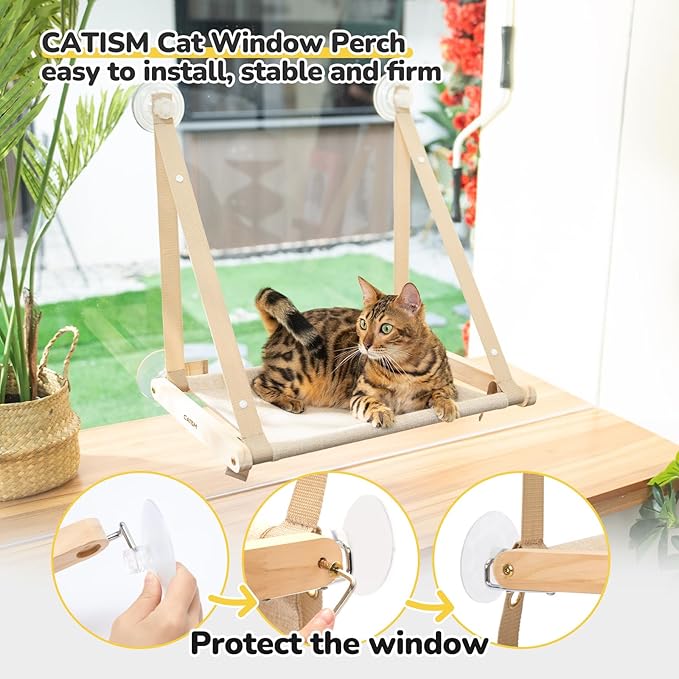 CATISM Cat Window Perch - Foldable Cat Hammock for Window, Soft Seat Machine Washable, Solid Wood Frame, 4 Suction Cups, Cats Window Hammock Load Weight Up to 40lbs