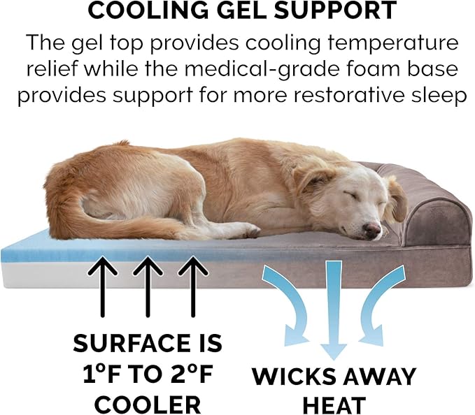 Furhaven Cooling Gel Dog Bed for Large Dogs w/ Removable Bolsters & Washable Cover, For Dogs Up to 95 lbs - Faux Fur & Velvet Sofa - Driftwood Brown, Jumbo/XL