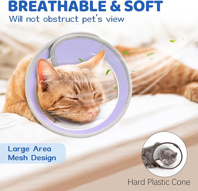 Breathable Air Mesh Cat Cone Collar Soft to Stop Licking, Adjustable, Foldable Lightweight Kitten Cones After Surgery Recovery for Cats & Kittens (Light Purple,L)