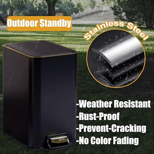 Dog Poop Trash Can Outside Stainless Steel - Metal Pooper Scooper Set - 12L Dog Waste Trash Can Outdoor with Pedal - Backyard, Yard - Removable Inner Bin, Long Handle Tray and Rake - Black and Gold