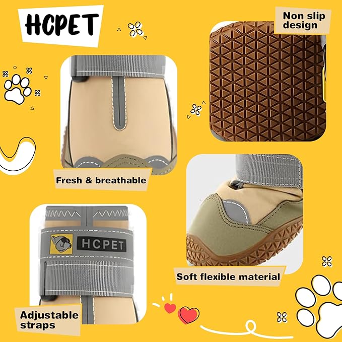 Hcpet Dog Shoes for Large Dogs, Waterproof Dog Booties for Small Medium Dogs, Anti-Slip Dog Boots & Paw Protectors for Hot Pavement Winter Snow Hiking with Reflective Straps Khaki Size 5