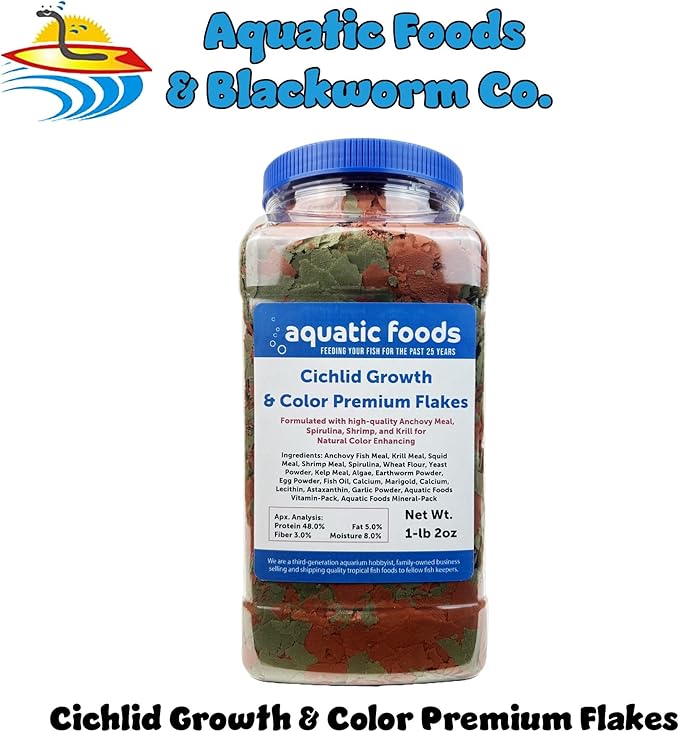 Aquatic Foods Inc. Premium Cichlid Growth and Color Enhancing Flakes with Spirulina, Color Enhancing Astaxanthin Also Pellet Mix, Wafer Mix Included…1-lb 2oz