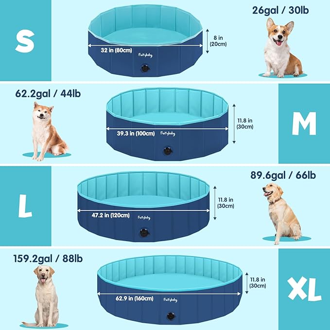 Furrybaby Dog Pool, Kiddie Pool with Hard Plastic Foldable Dog Bath Tub Portable for Dogs, Kids and Pet Swimming (Navy 39'') Indoor and Outdoor