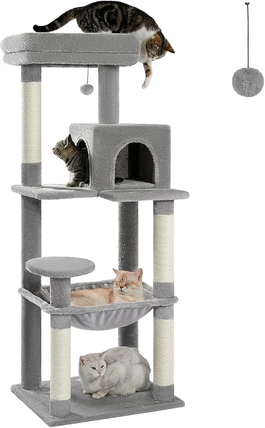 Cat Tree for Large Cats Adult with Metal Plush Big Hammock, 56.3" Cat Tower with 2 Door Condo House, 6-Tier Cat Shelves with Scratching Posts and Large Top Perch, Gray
