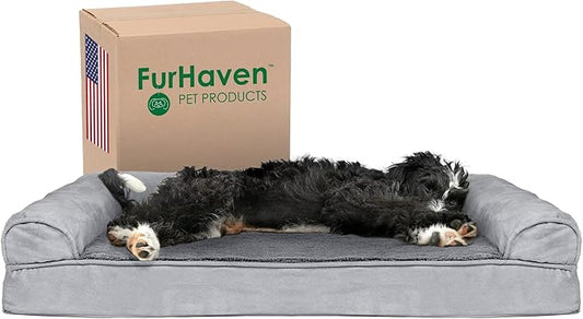 Furhaven Cooling Gel Dog Bed for Large/Medium Dogs w/ Removable Bolsters & Washable Cover, For Dogs Up to 55 lbs - Plush & Suede Sofa - Gray, Large