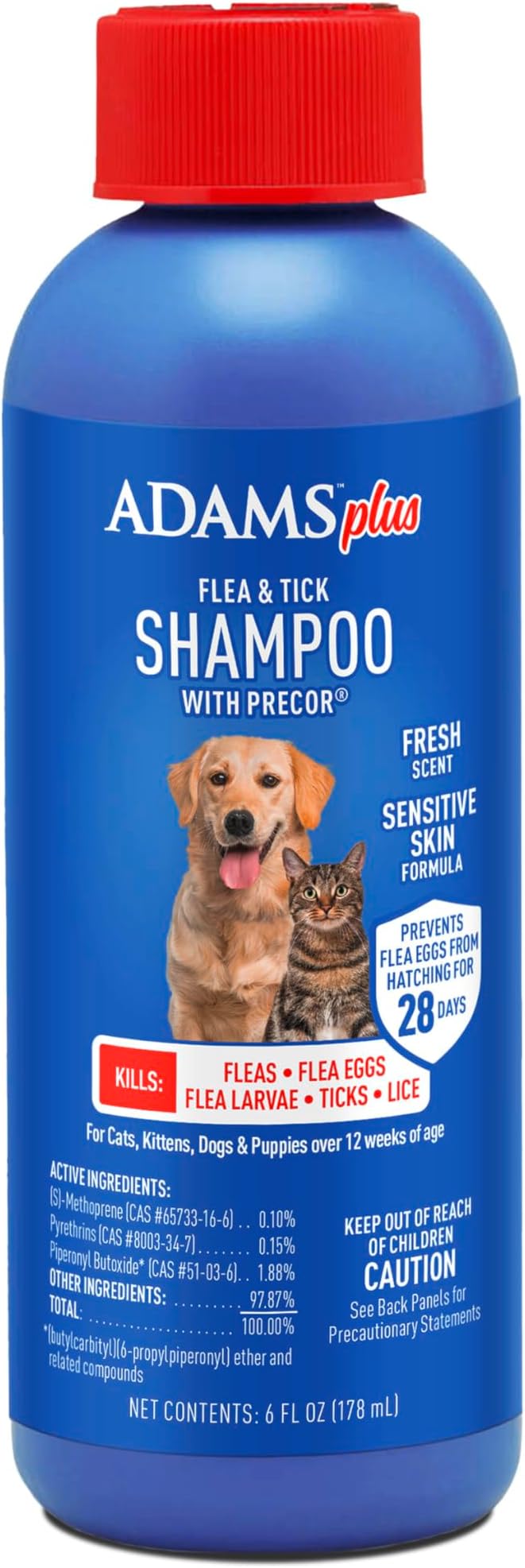 Adams Plus Flea & Tick Shampoo with Precor for Cats, Kittens, Dogs & Puppies Over 12 Weeks Of Age |Sensitive Skin Flea Treatment for Dogs & Cats |Kills Adult Fleas, Flea Eggs, Ticks, and Lice |6 Oz