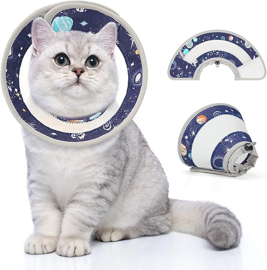 Breathable Air Mesh Cat Cone Collar Soft to Stop Licking, Adjustable, Foldable Lightweight Kitten Cones After Surgery Recovery for Cats & Kittens (Star Blue, L)