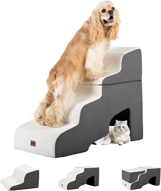 Dog Stairs for High Beds with Tunnel, 4-Step Dog Steps for Small Dogs and Cats, Foldable Pet Stairs for High Bed Climbing, Non-Slip Balanced Pet Step Indoor, Beige