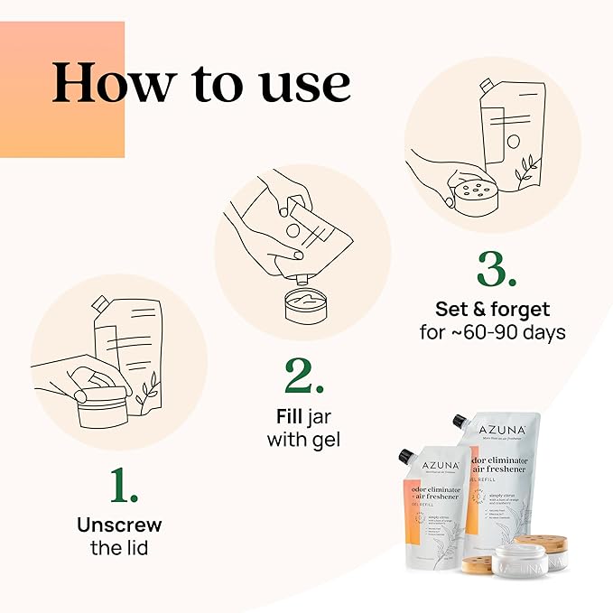 Azuna All-Natural Odor Remover Gel Refill Pouch | Air Purifier with Tea Tree Oil | Plant-Based & Long Lasting | For Pet Odors, Smoke & Strong Odors | Simply Citrus | 24 oz.