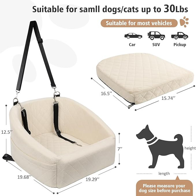Dog Car Seat for Small Medium Dogs,Detachable Washable Dog Booster Seat Under 30lbs, Pet Car Seat Travel Bed with Storage Pockets and Dog Safety Belt (White)
