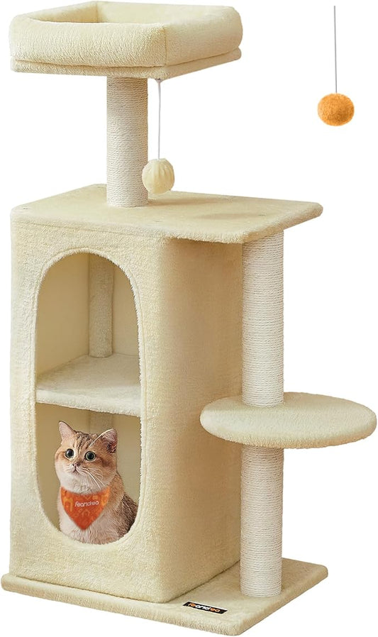 Feandrea Cat Tree Tower with 2 Caves for Multi-Cat Households, Kittens, Scratching Posts, Sand Beige UPCT005Y01