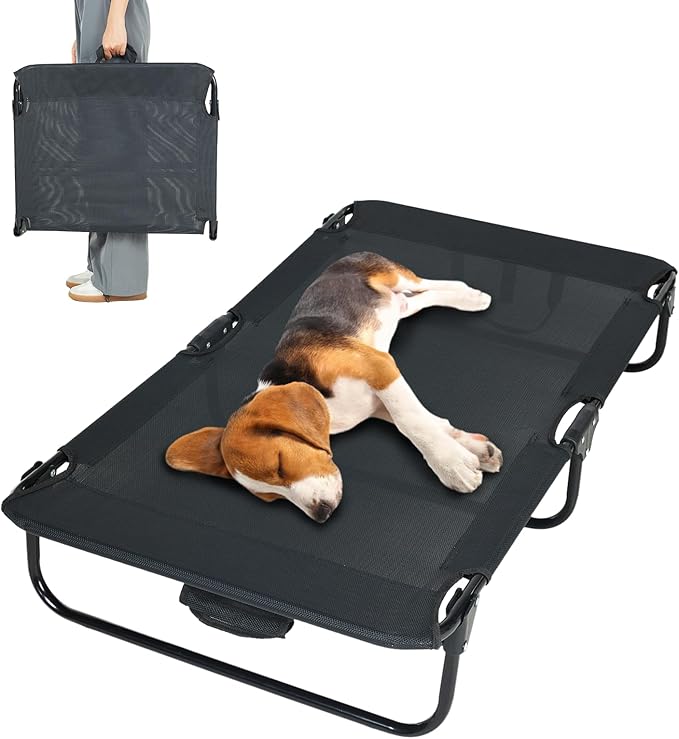 Elevated Dog Bed for Large Pet with No-Slip Feet, Foldable Portable Washable Raised Bed for Indoor&Outdoor Camping Dog Cot, with Cooling Waterproof Breathable Mesh (Medium, Black-Textilene)