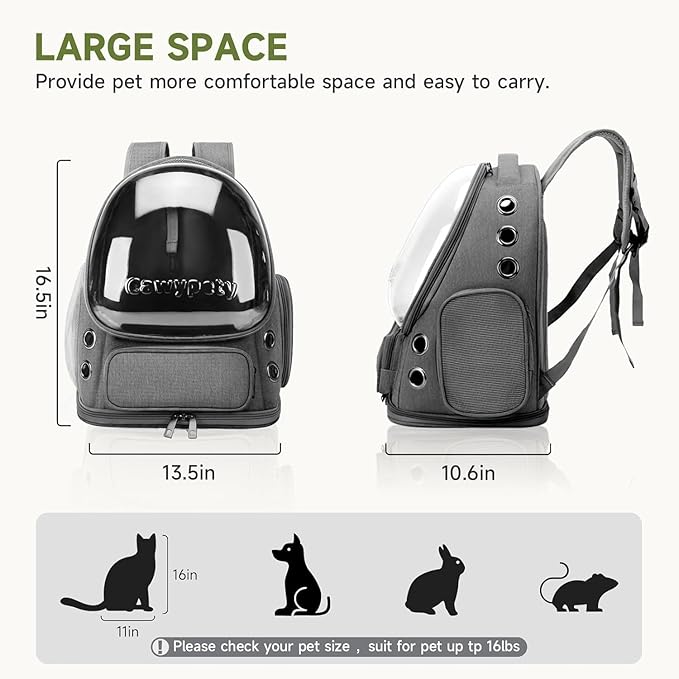 Cat Backpack Carrier, Breathable Cat Carrier Large Space Bubble Pet Backpack for Kitty Small Dog up to 12lbs, Transparent & Foldable Pet Carrier for Travel Hiking