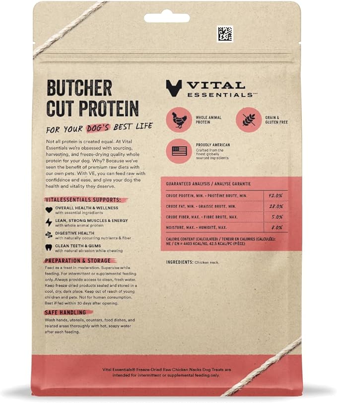 Vital Essentials Chicken Necks Dog Treats, 9 oz | Freeze-Dried Raw | Single Ingredient | Premium Quality High Protein Training Treats | Grain Free, Gluten Free, Filler Free