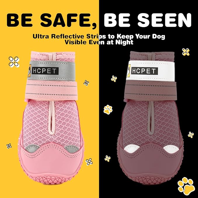 Hcpet Dog Shoes for Large Dogs, Breathable Dog Booties for Small Medium Dogs, Anti-Slip Dog Boots & Paw Protectors for Hot Pavement Winter Snow Hiking with Reflective Straps Pink Size 4