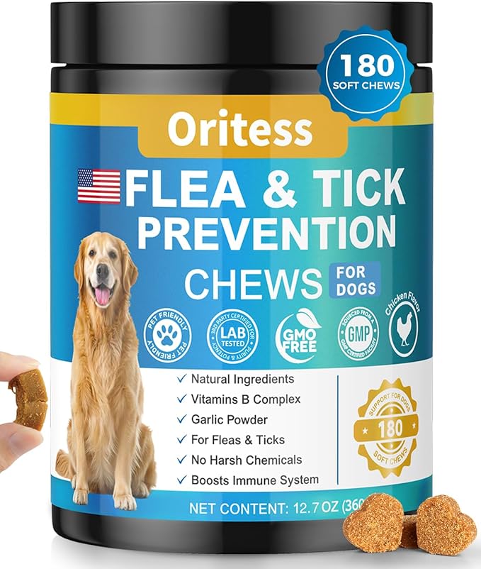 Flea and Tick Prevention for Dogs, 180 Soft Chews Natural Dog Flea and Tick Chewables Oral Flea Supplement for Dogs, Puppy Flea Support - All Breeds & Ages - Chicken Flavor