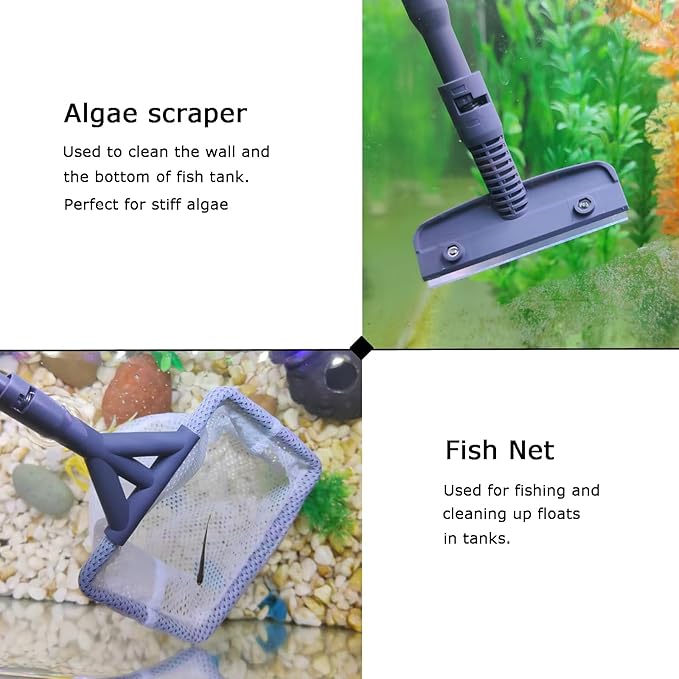 AQUANEAT 6 in 1 Fish Tank Cleaning Tools, Aquarium Cleaner Set with Adjustable Handle, Including Algae Scraper, Sponge Pad, Fish Net, and Brush