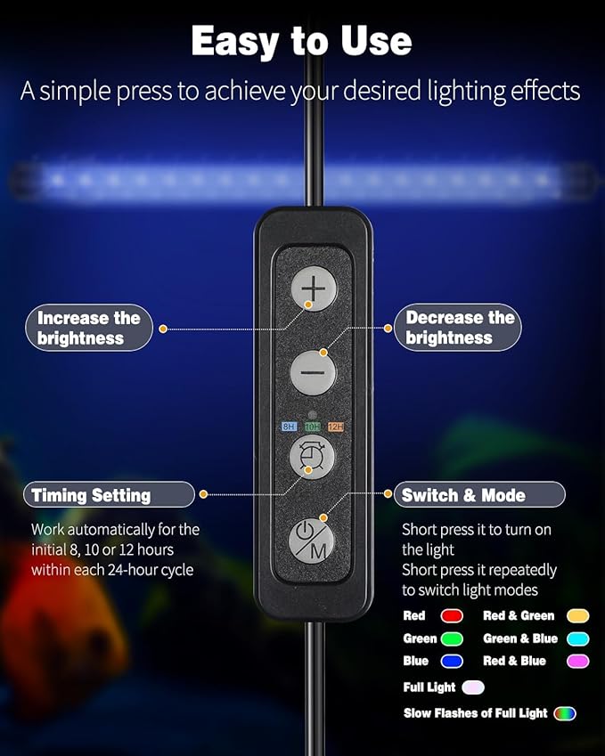 Pawfly 4.2 W Aquarium LED Light 15.2 Inch Underwater Fish Tank Light with Timer Auto On/Off Fish Tank Background Light with 8 Lighting Modes Submersible Multi-Colored Tube Light for Decoration