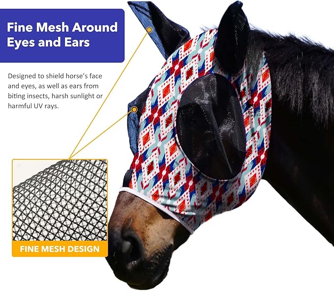 Harrison Howard Super Comfort Stretchy Fly Mask Large Eye Space with UV Protection Soft on Skin with Breathability Tribal Abstract M Cob