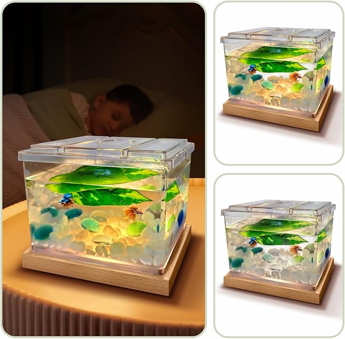 Mini Betta Fish Tank Kit with LED Light Base, Small Fish Bowl for Temporary Space, 0.2 Gallon Stackable Cube Tank with Betta Leaf for Small Fish, Insect, Shrimp, Crab, Spider (Kit-1)