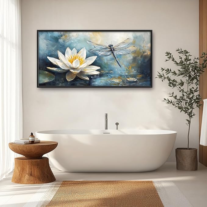 Extra Large Lotus Dragonfly Framed Wall Art for Living Room,Abstract Blue Lotus Flower Lake Pictures Wall Decor,Nature Canvas Print Painting Modern Artwork Bedroom Office Bathroom 60L" x 30W"