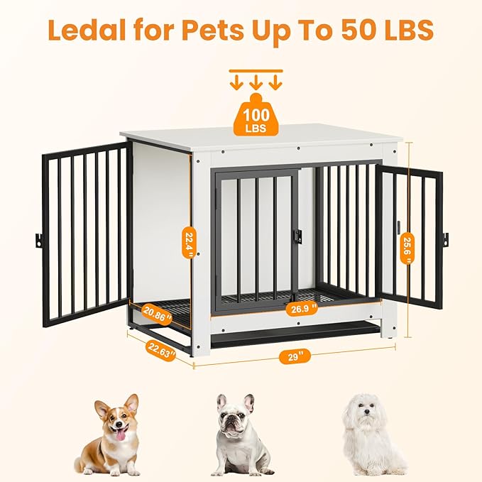 Dog Crate Furniture, Dog Crate End Table for Small and Medium Dogs,Wooden Cage Kennel Furniture Indoor, Modern Dog Crate with Multi-Purpose Removable Tray, Double-Doors Dog Furniture, White