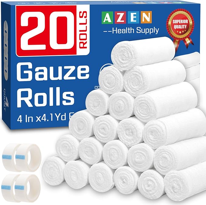 AZEN 20 Pack Gauze Rolls Bandages, 4 in x 4.1 Yards, Premium Medical Supplies & First Aid Supplies, Bandage Wrap Vet Wrap, Mummy Wraps