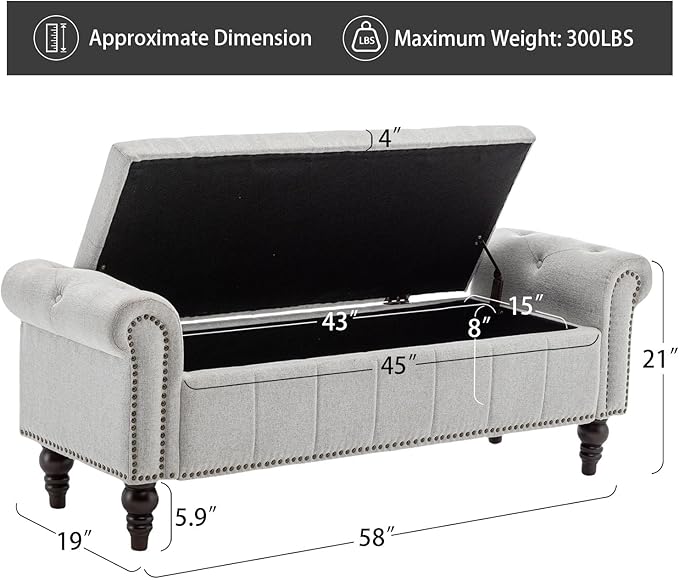 58’’ Storage Bench for Bedroom, Upholstered Button-Tufted Ottoman with Solid Wood Legs, Queen Size End of Bed Shoe Cabinet, Window Seat Foot Rest Stool for Entryway, Living Room (Silver)