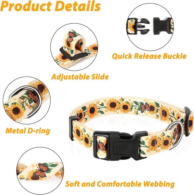 HEELE Dog Collar, Adjustable Soft Dog Collar for Small Medium Large Dogs,Sunflower Floral Patterned Puppy Collars with Quick Release Buckle Sunflower Yellow S Length 9.84''-14.96'