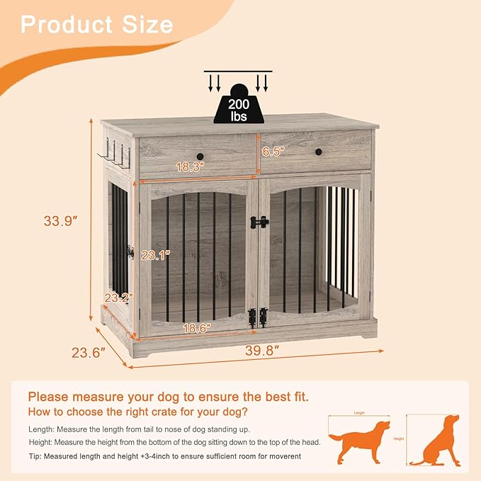 BREEZEHEAT 40 inch Dog Crate Furniture-Farmhouse Dog Kennel with Drawers-End Table Wooden Pet Crate, Double Door Design, Decorative Dog House Indoor for Small Medium Large Dog, Oak Grey