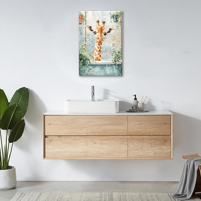 Bathroom Funny Giraffe Pictures Wall Art, Watercolor Giraffe Bathroom Wall Decor, Animal Framed Painting Canvas Artwork for Living Room Decorations 24"L x 16"W